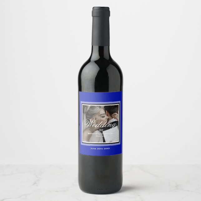 Cobalt blue customizable wedding photo wine label (Front)