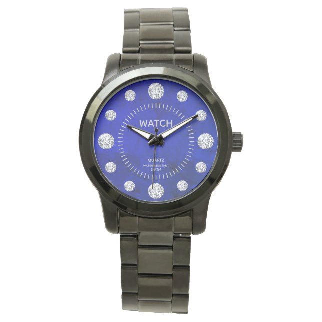Cobalt Blue Diamond Solitaire Dial Custom Name Watch (Front)