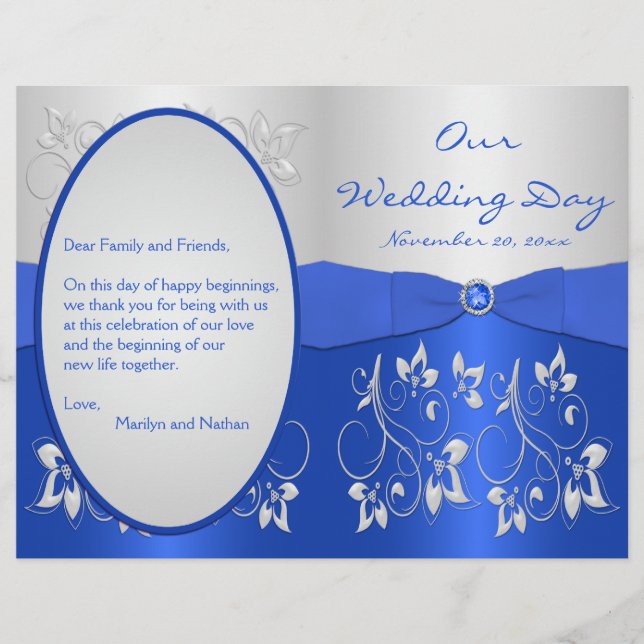 Cobalt Blue et Silver Floral Wedding Programme (Devant)