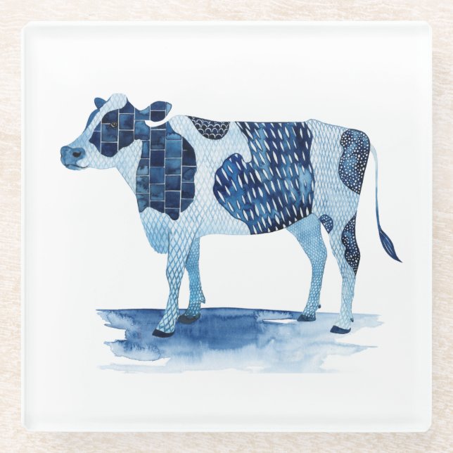 Cobalt Blue Farm Animals - Cow Glass Coaster (Front)