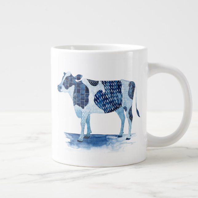 Cobalt Blue Farm Animals - Cow Large Coffee Mug (Right)