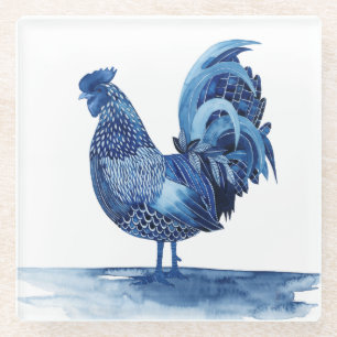 Cobalt Blue Farm Animals - Rooster Glass Coaster