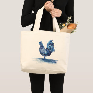 Cobalt Blue Farm Animals - Rooster Large Tote Bag