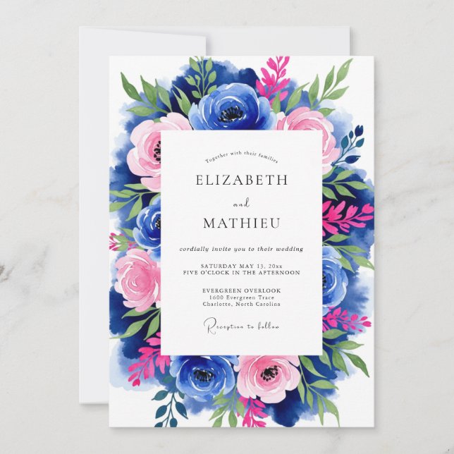 Cobalt Blue Floral Romantic Wedding Invitation (Front)