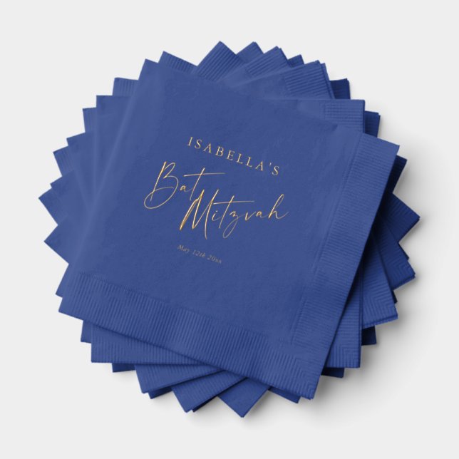 Cobalt Blue Gold Script Bat Mitzvah Personalized Foil Napkins (Insitu (Stacked))
