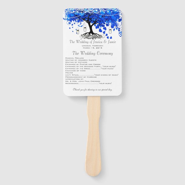 Cobalt Blue Heart Leaf Tree Wedding Programs Hand Fan (Front)
