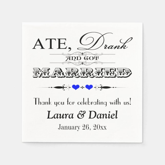 Cobalt Blue Hearts, Scrolls Wedding Napkins (Front)