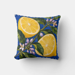 Cobalt Blue Lemon Botanical Throw Pillow
