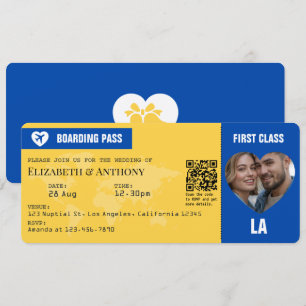 Cobalt Blue & Lemon Yellow Boarding Pass Wedding Invitation