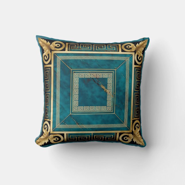 Cobalt Blue Marble Art Deco Greek Floral Seamless Throw Pillow (Front)