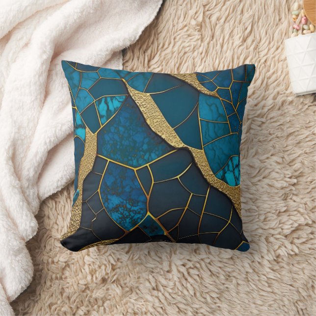 Cobalt Blue Marble Mosaic Gold Inlay Veins Throw Pillow (Blanket)
