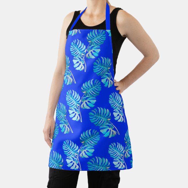Cobalt Blue Monstera Breeze Apron (Insitu)