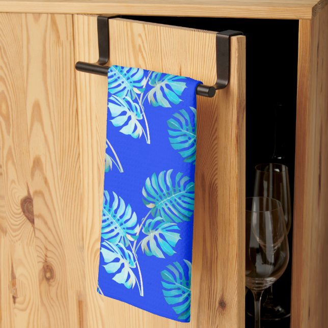 Cobalt Blue Monstera Breeze Kitchen Towel (Thirds Fold)