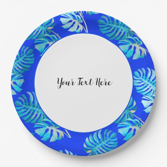 Cobalt Blue Monstera Breeze Paper Plate (Front)
