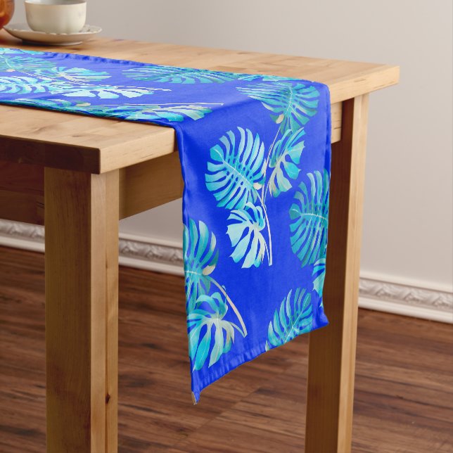 Cobalt Blue Monstera Breeze Short Table Runner (In Situ)