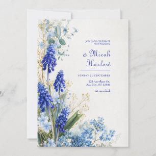 Cobalt Blue Muscari Watercolor Botanical Border Invitation