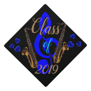 Cobalt Blue Music Symbol w/Sax's on Black on a Graduation Cap Topper