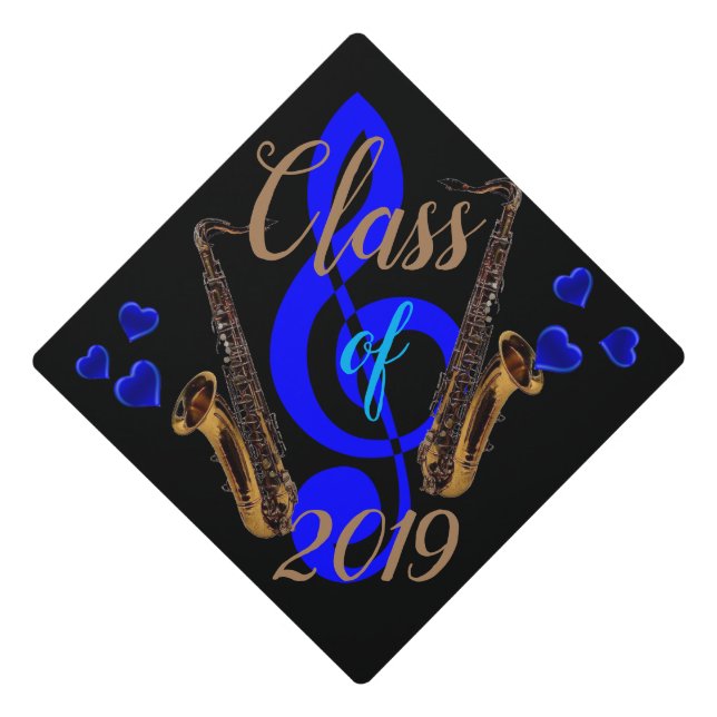 Cobalt Blue Music Symbol w/Sax's on Black on a Graduation Cap Topper (Front)