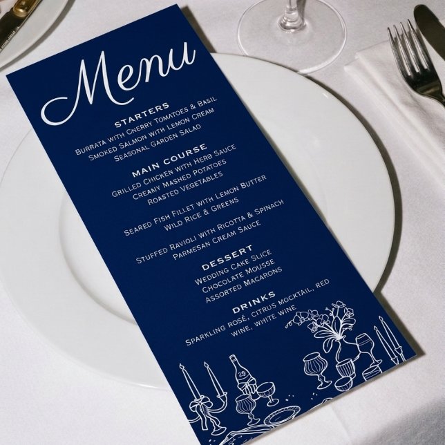 Cobalt Blue Old Money Illustrated Chic Wedding Menu (Creator Uploaded)