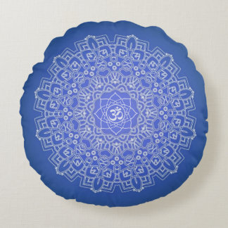 Cobalt Blue Om Mandala Meditation Round Pillow