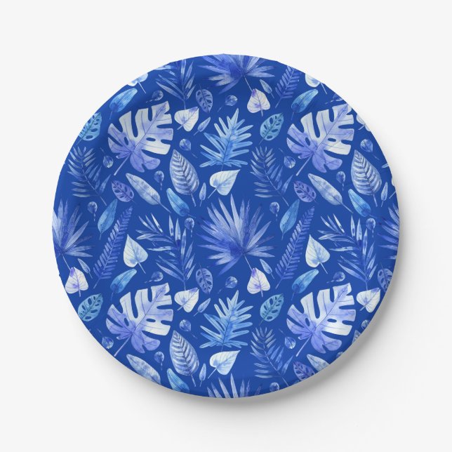 Cobalt Blue on Blue Tropical Leaves Pattern 7" Paper Plate (Front)