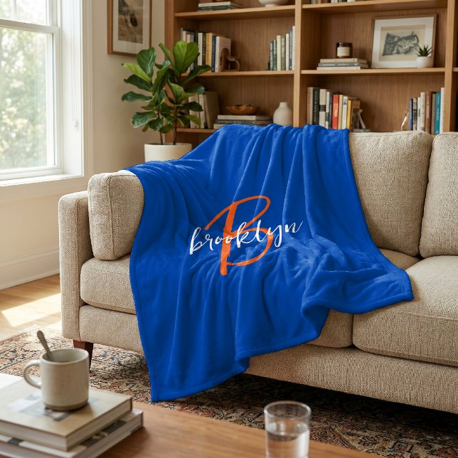 Cobalt Blue Orange White Script Monogram Name Fleece Blanket (Creator Uploaded)