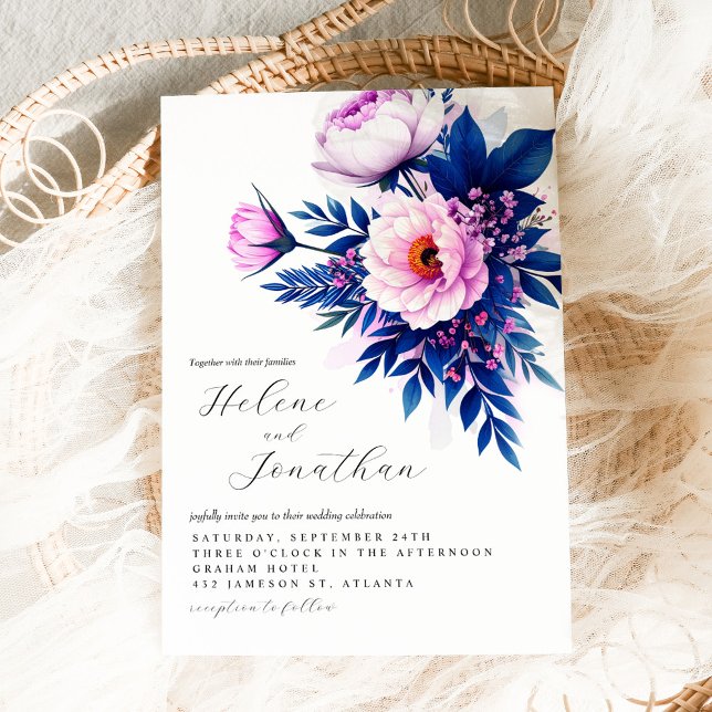 Cobalt Blue Pink Stylish Elegant Floral Wedding Invitation (Cobalt Blue Pink Stylish Elegant Floral Wedding Invitation)