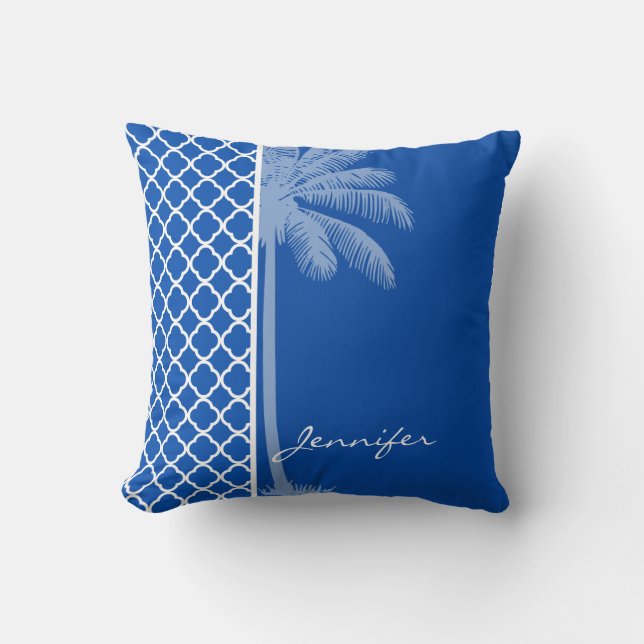 Cobalt Blue Quatrefoil; Palm Throw Pillow (Front)