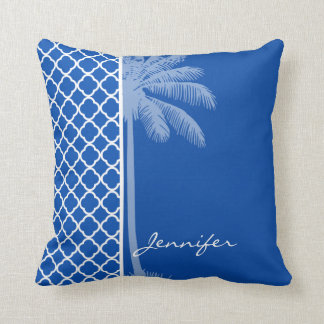 Cobalt Blue Quatrefoil; Palm Throw Pillow