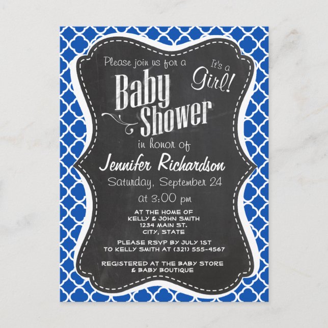 Cobalt Blue Quatrefoil; Retro Chalkboard Invitation Postcard (Front)