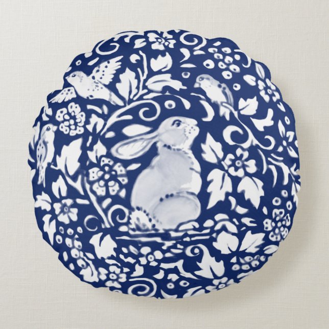 Cobalt Blue Rabbit Bird Floral Chinoiserie Dedham  Round Pillow (Front)