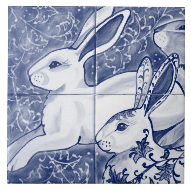 Cobalt Blue Rabbit Chinoiserie Dedham Delft Navy Tile (Front)