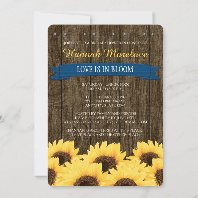 COBALT BLUE RUSTIC SUNFLOWER BRIDAL SHOWER INVITE (Front)