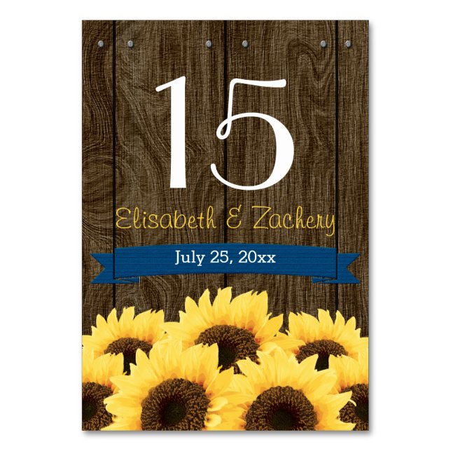 COBALT BLUE RUSTIC SUNFLOWER TABLE NUMBER CARD (Front)