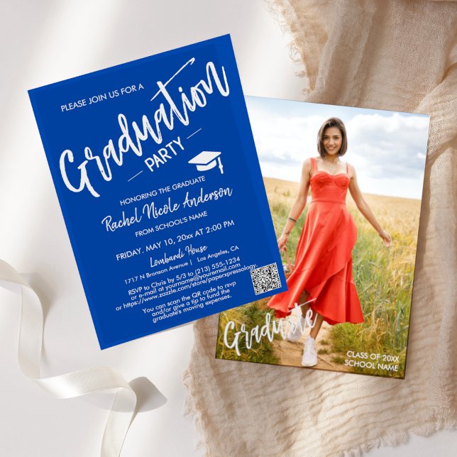 Cobalt Blue Script QR Code Photo Graduation Party Invitation (Creator Uploaded)