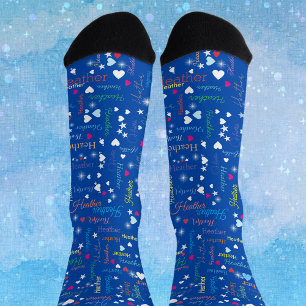 Cobalt Blue Sky Full of Names Hearts and Stars Socks