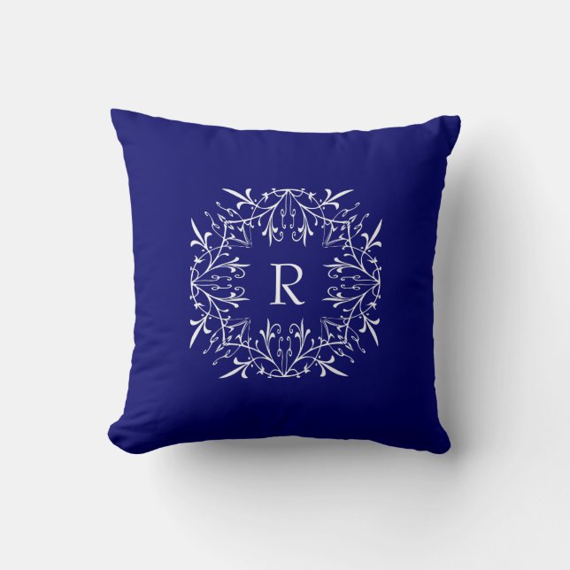 Cobalt Blue Stylish Monogram Lace Border Throw Pillow (Front)