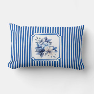 Cobalt Blue Ticking Stripe Floral Lumbar Pillow