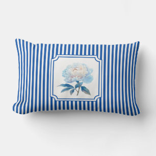 Cobalt Blue Ticking Stripe Floral Lumbar Pillow