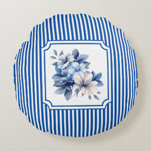 Cobalt Blue Ticking Stripe Floral Round Pillow