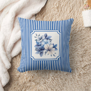 Cobalt Blue Ticking Stripe Floral Throw Pillow