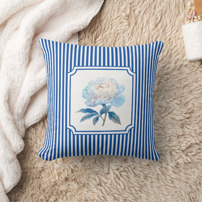 Cobalt Blue Ticking Stripe Floral Throw Pillow (Blanket)