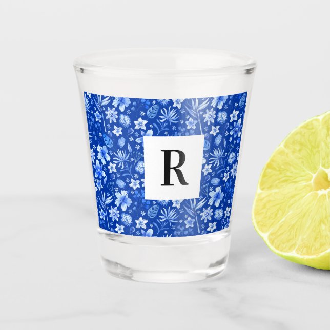 Cobalt Blue Tropic Leaves & Flowers Pattern 1.5oz Shot Glass (Front)