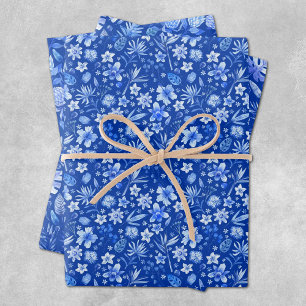 Cobalt Blue Tropical Flowers and Leaves 3 Patterns Wrapping Paper Sheet