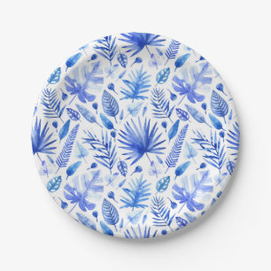 Cobalt Blue Tropical Leaves Pattern 7" Paper Plate