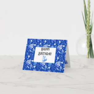 Cobalt Blue Tropical Leaves Pattern Happy Birthday Card