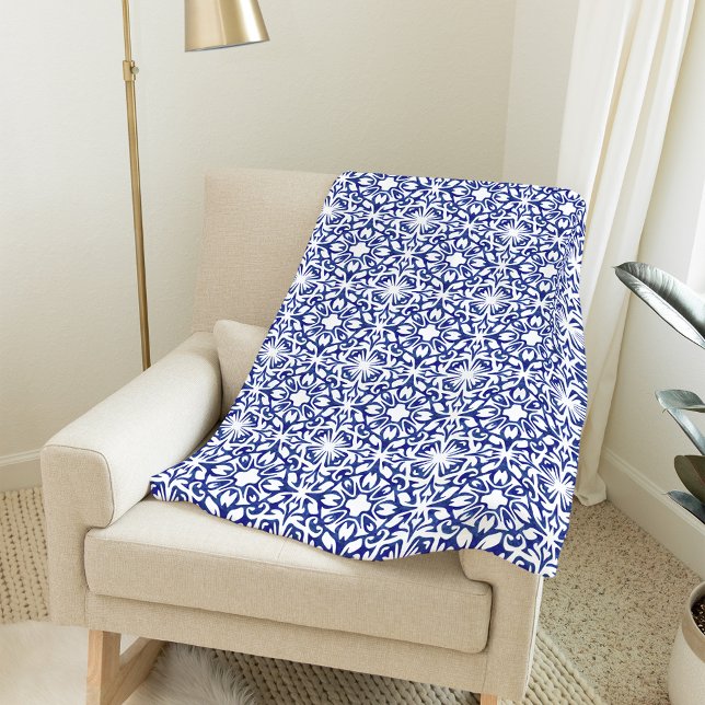 Cobalt Blue Watercolor Spanish Tile Pattern Fleece Blanket (Creator Uploaded)