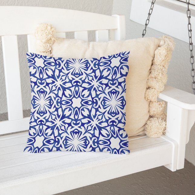 Cobalt Blue Watercolor Spanish Tile Pattern Throw Pillow (Creator Uploaded)