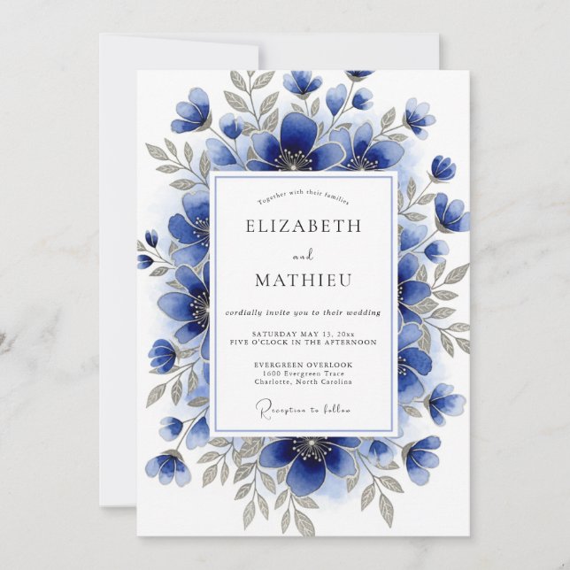 Cobalt Blue Watercolor Winter Wedding Invitation (Front)