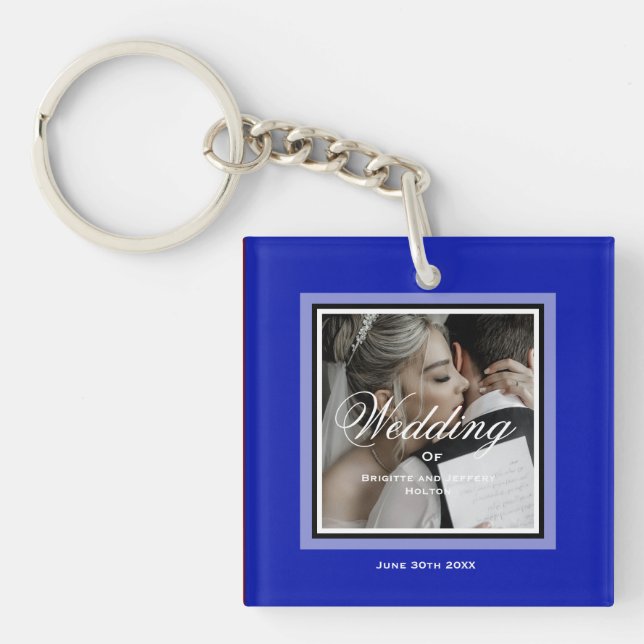 Cobalt blue wedding couple customizable keychain (Front)